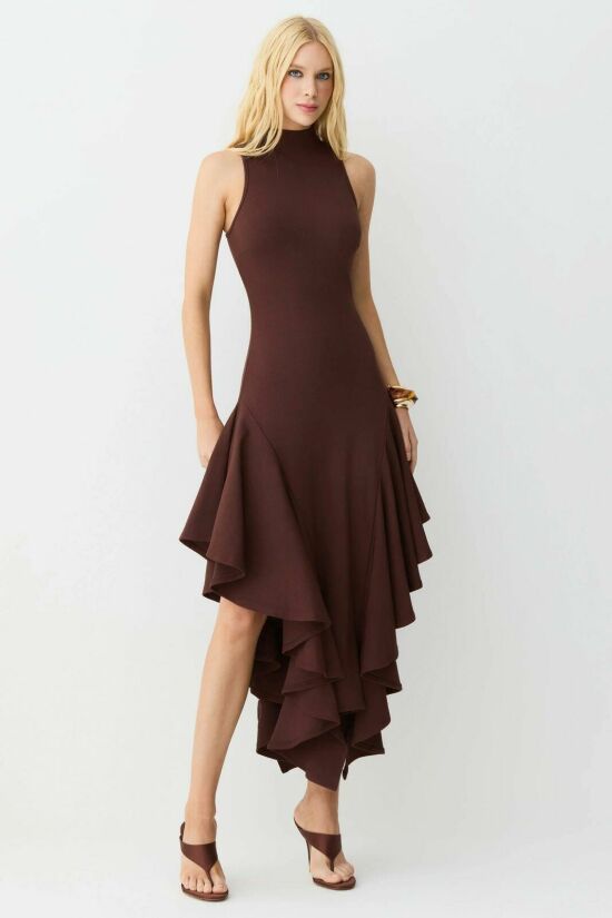 Imagem de Vestido Mídi Gola Alta Babados Assimétricos Marrom Escuro Zen